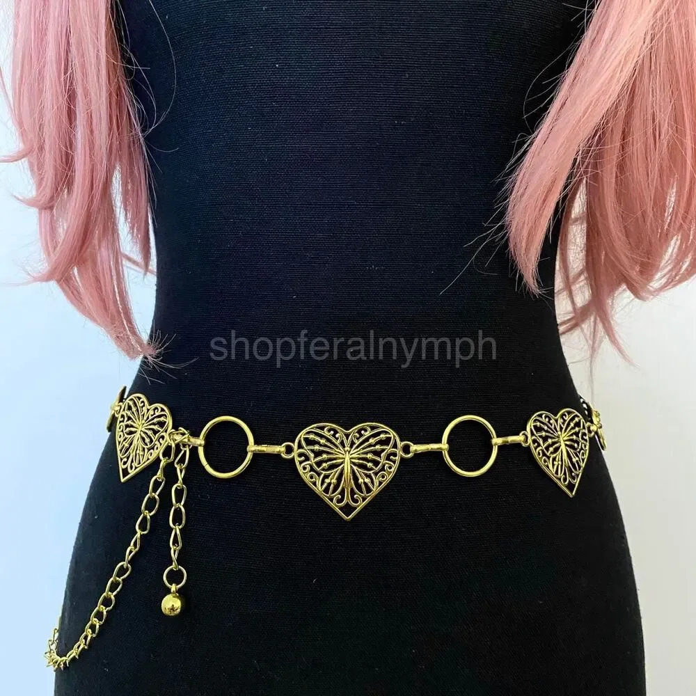 Gold Y2K Butterfly Heart Open Ring Chain Belt, Fits 25-44 Inches, X7GA1318